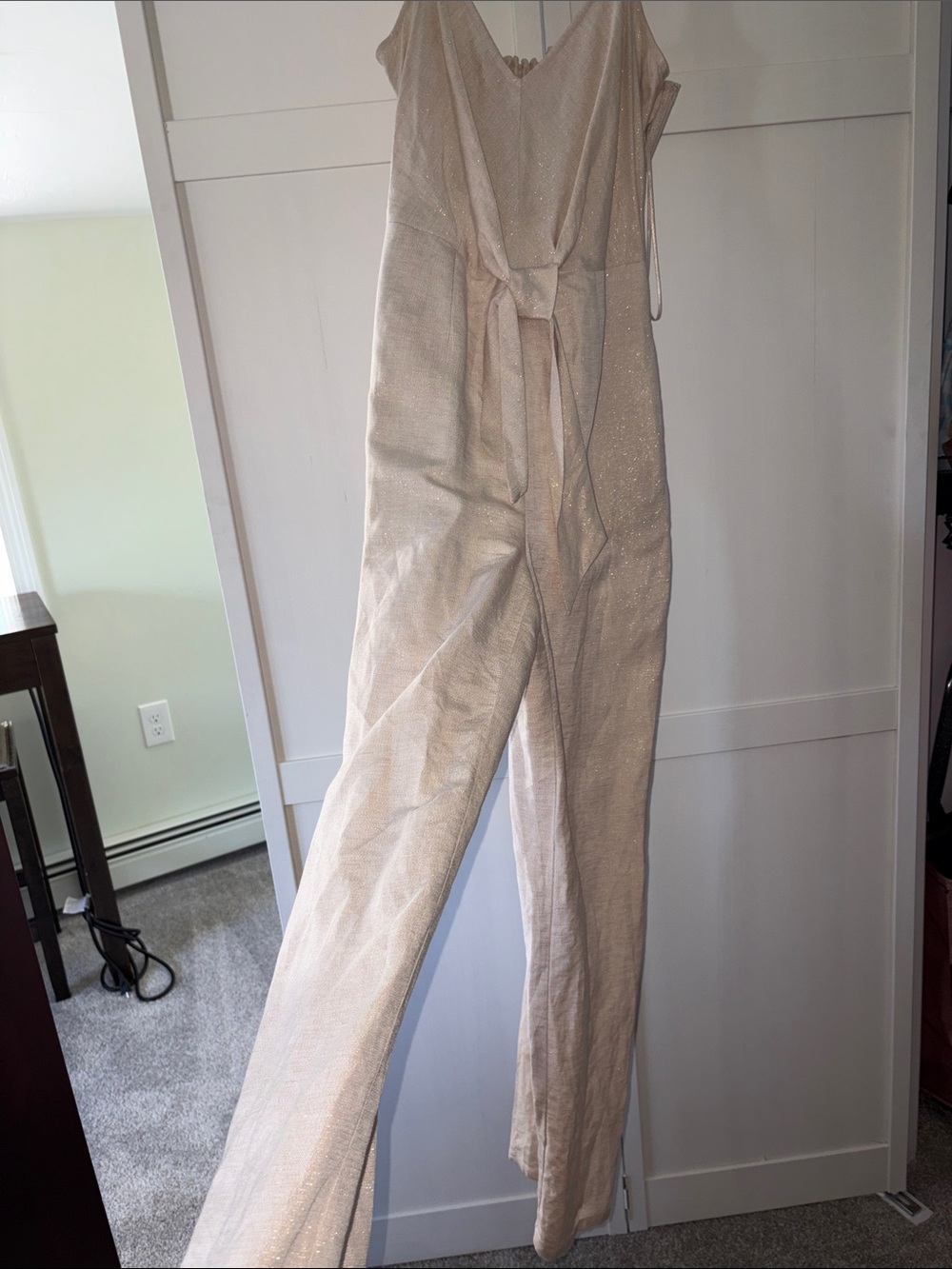INC International Concepts Sparkle Beige V-Neck Jumpsuit with Waist Tie